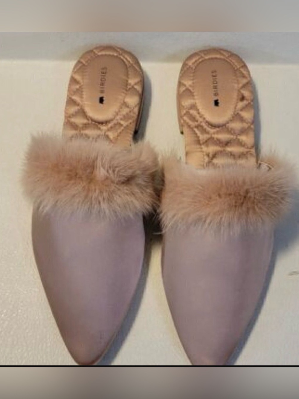 Birdies Blush Fur-Trim Slip-On Mules Comfy Quilted Inside size 7.5 New in box